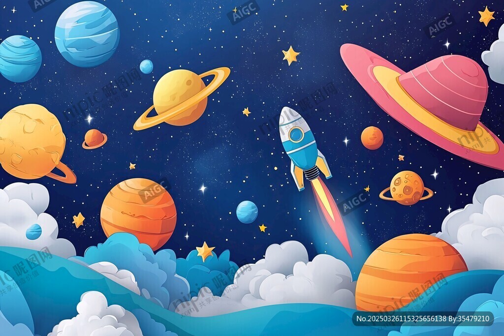 梦幻太空火箭行星插画