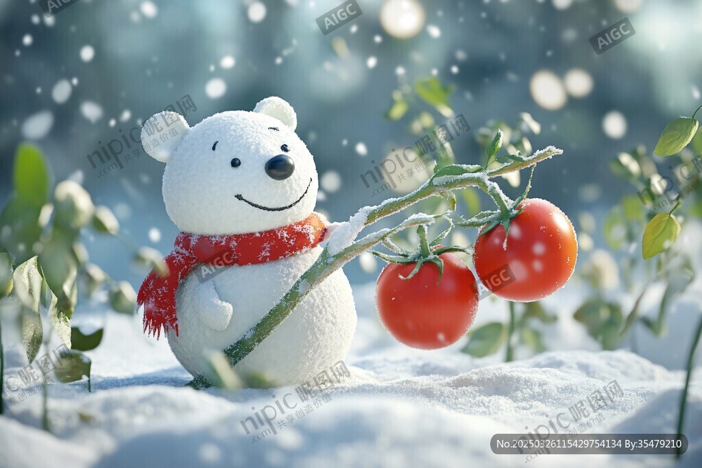 雪中小白熊持番茄萌趣画面