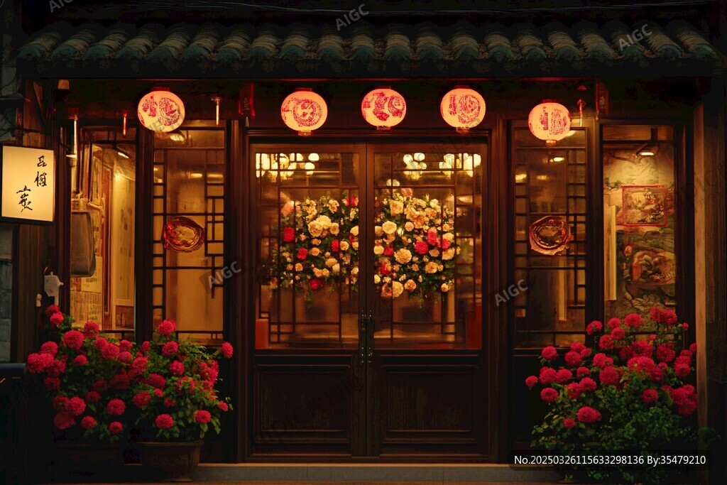 中式餐馆门前喜庆夜景