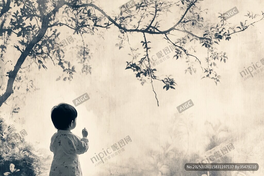 孩童树下凝望 静谧瞬间