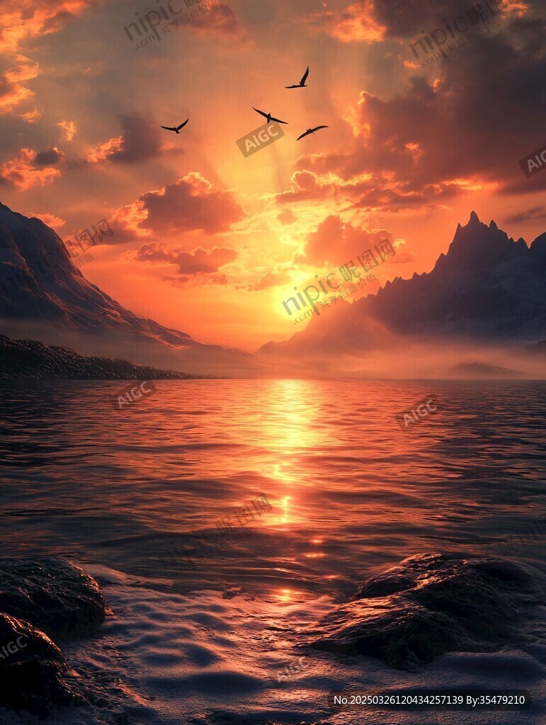 夕阳下飞鸟掠过山水美景