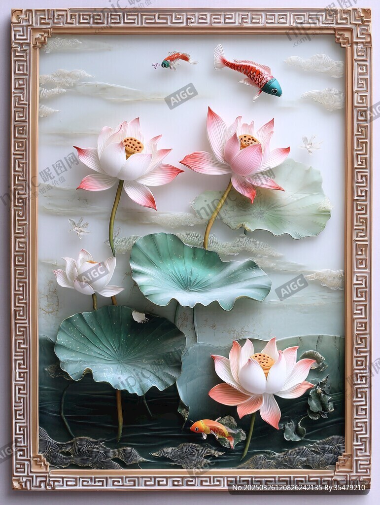 中式浮雕荷花锦鲤装饰画