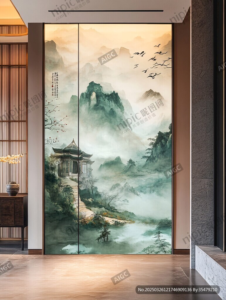 中式山水墨韵移门画