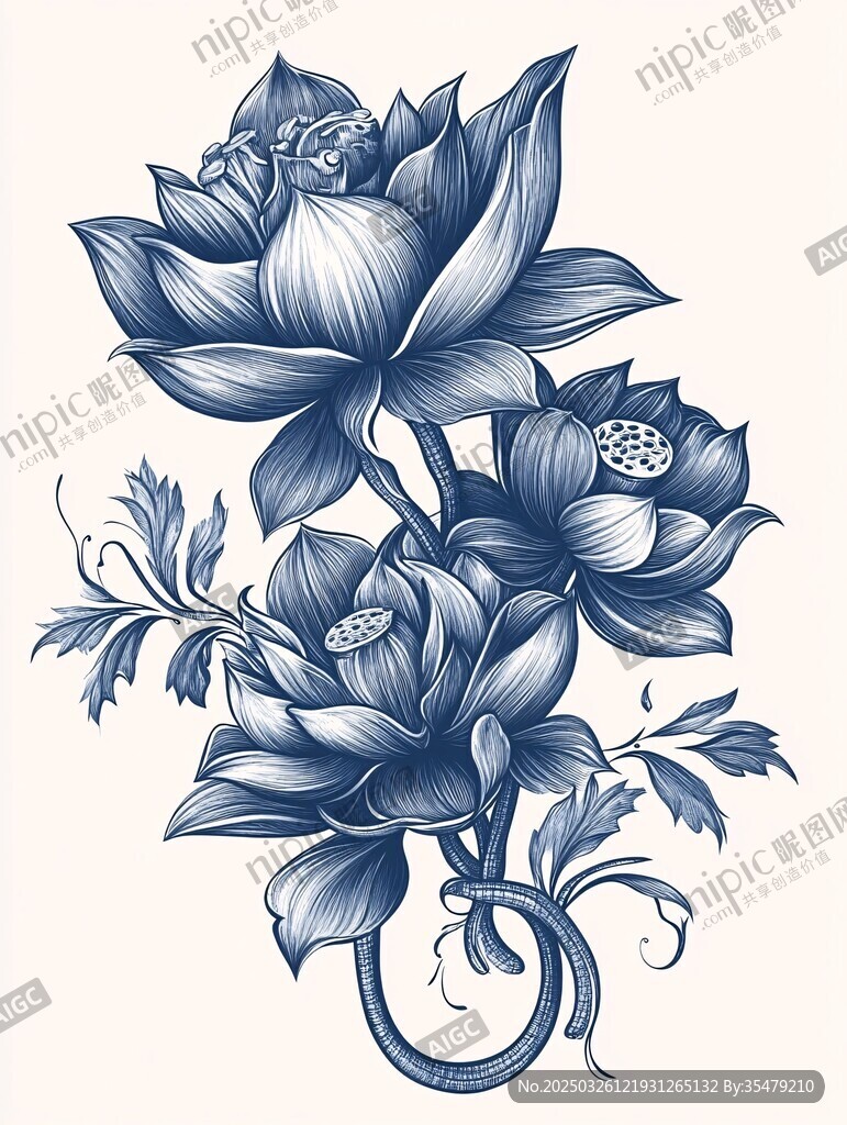 蓝调莲花插画图案设计