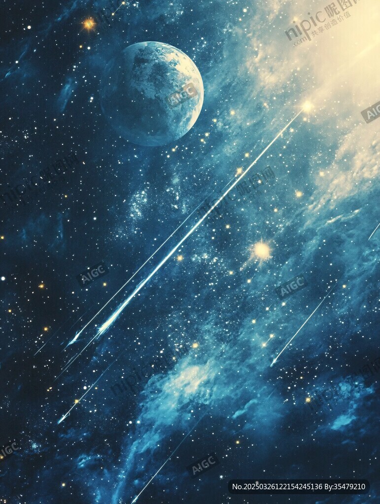梦幻星空下的流星与星球