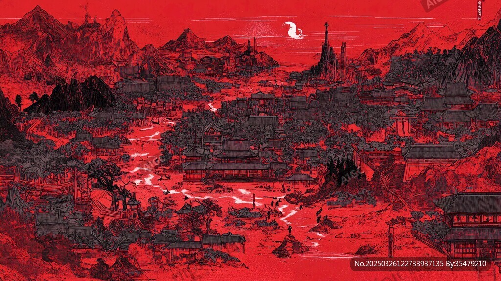 红色古风山水城镇图景