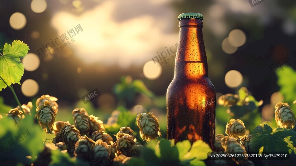 夕阳下的啤酒与啤酒花