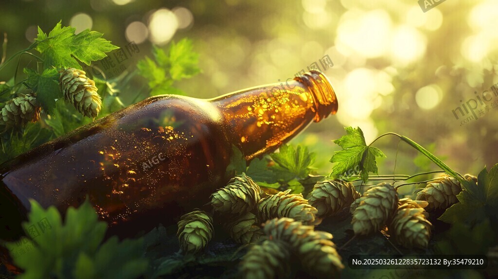 阳光下的啤酒瓶与啤酒花