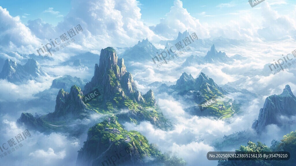 云海中的奇幻山峦美景
