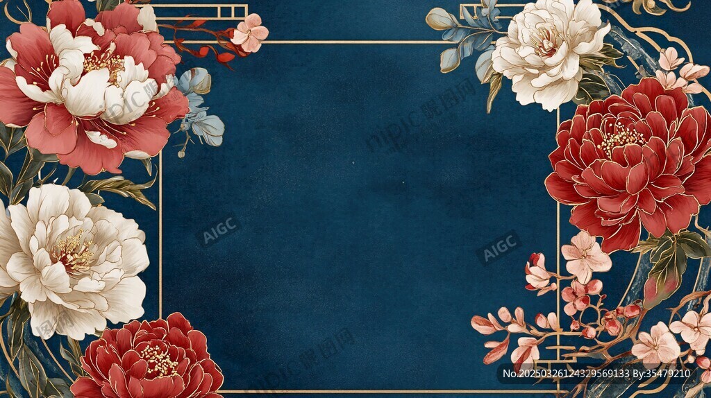 中式牡丹花卉边框背景图