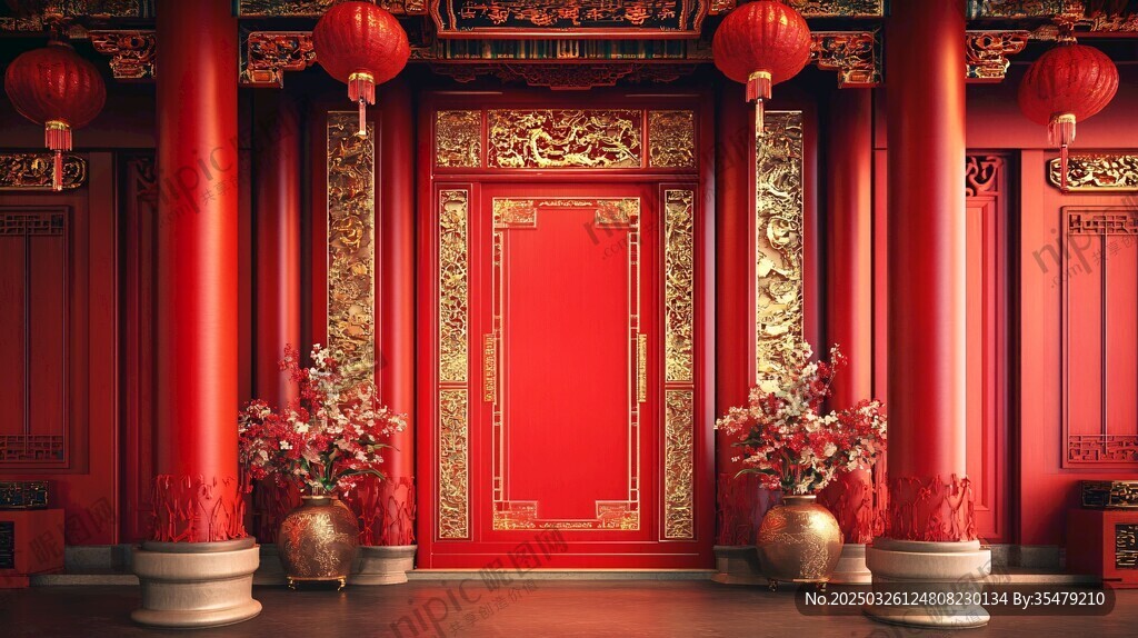 中式红门建筑喜庆氛围浓