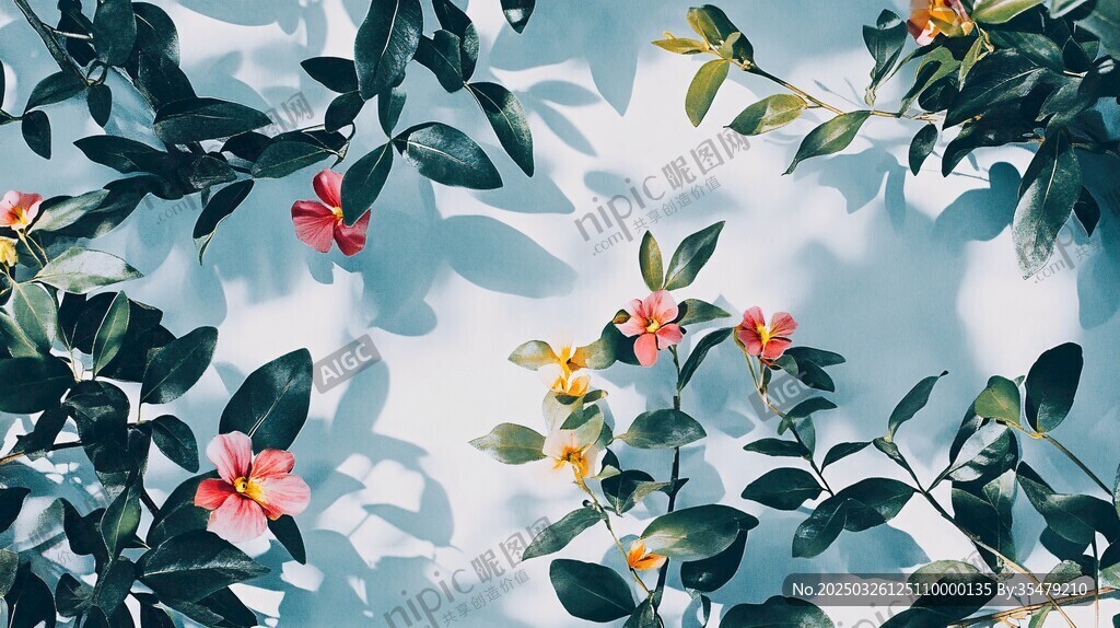 清新花卉绿叶背景图案
