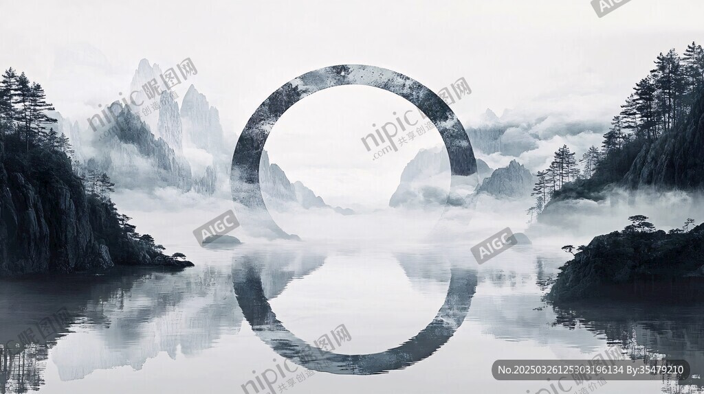 水墨山水间的神秘圆环