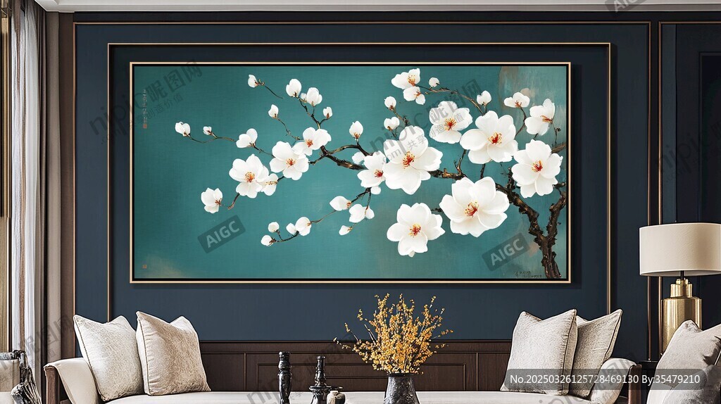 中式客厅里的雅致花卉挂画