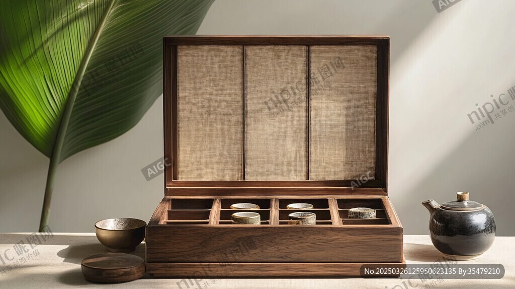 木质茶具盒与茶具雅致组合
