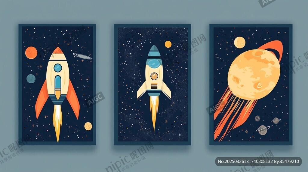 三幅火箭行星装饰画
