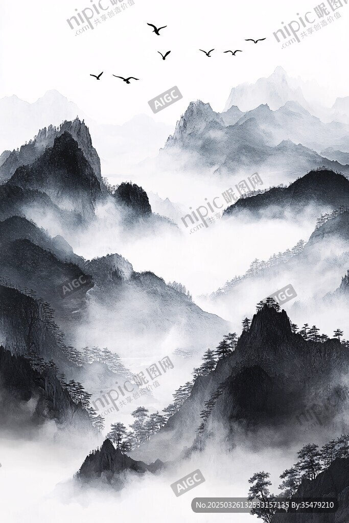 水墨群山飞鸟意境图