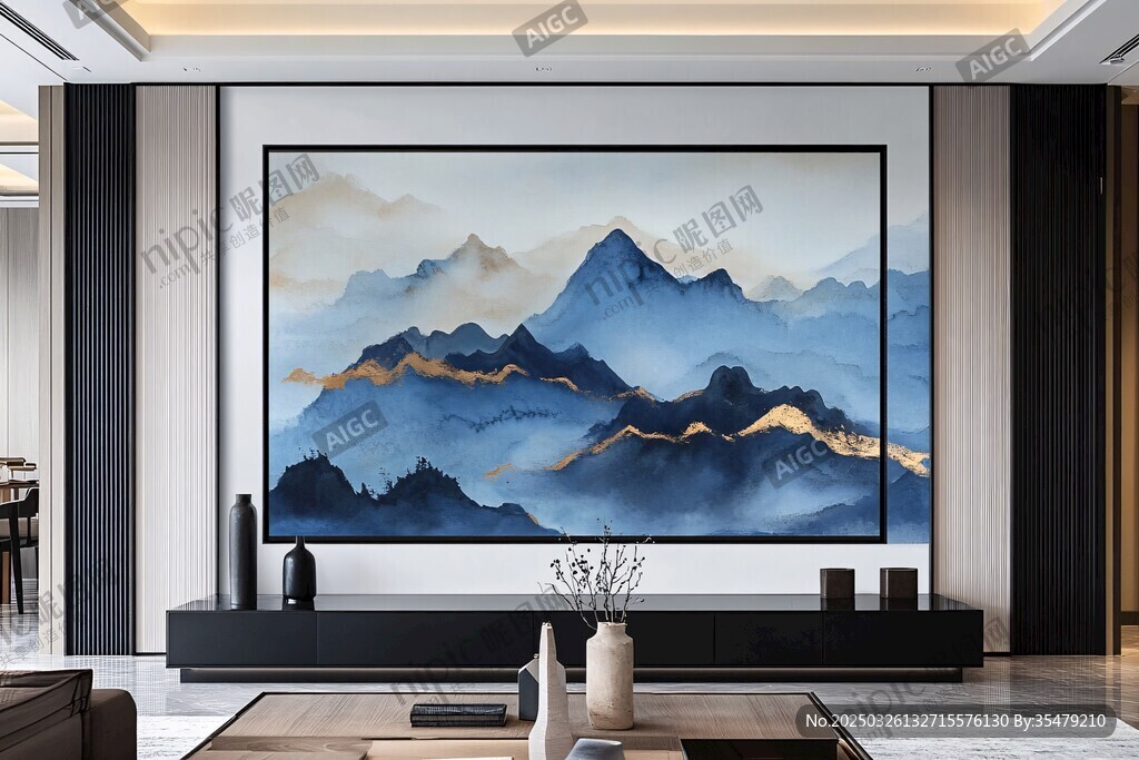 现代客厅中的山水装饰画