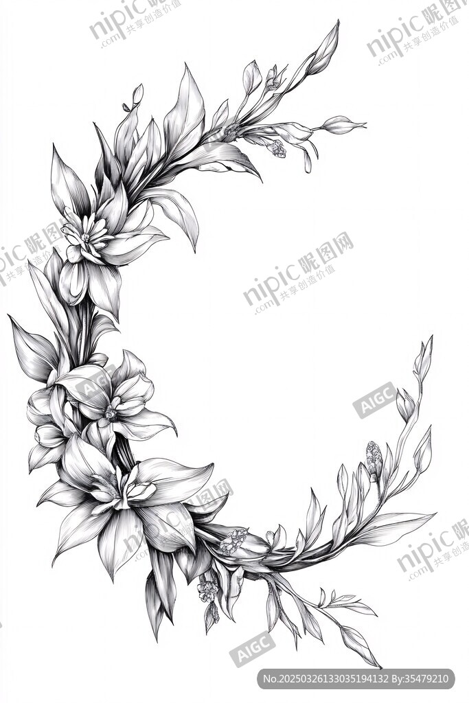 花卉弧形边框手绘图案