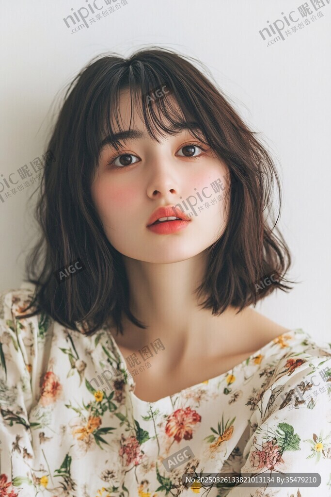 碎花上衣的甜美短发女生