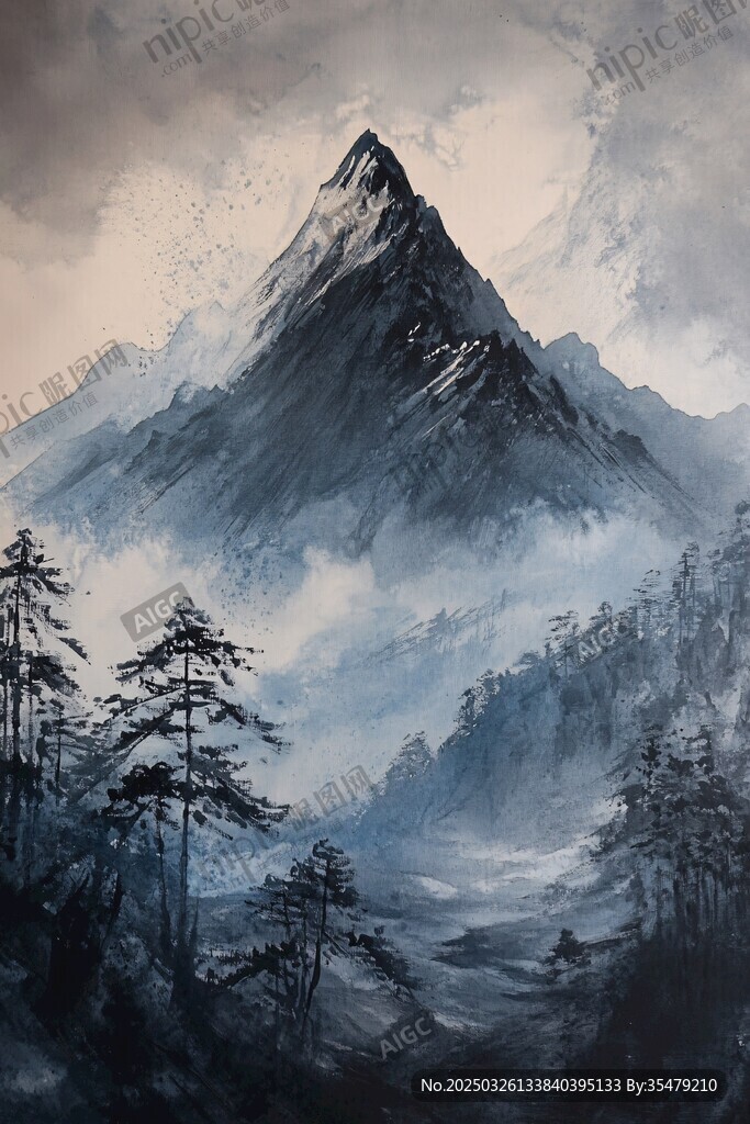 云雾缭绕的巍峨高山景观