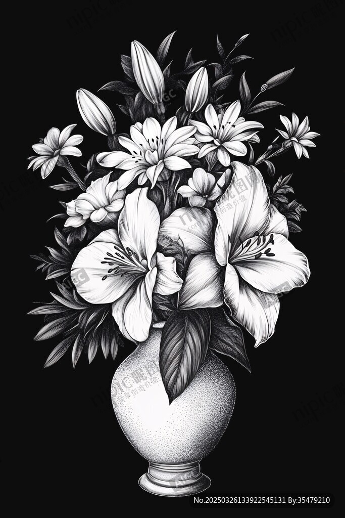 黑白花瓶插花艺术图