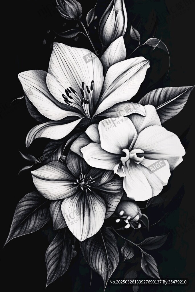 黑白花卉插画