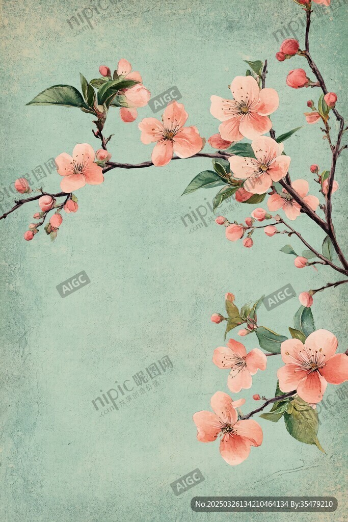复古风粉色花卉枝条图