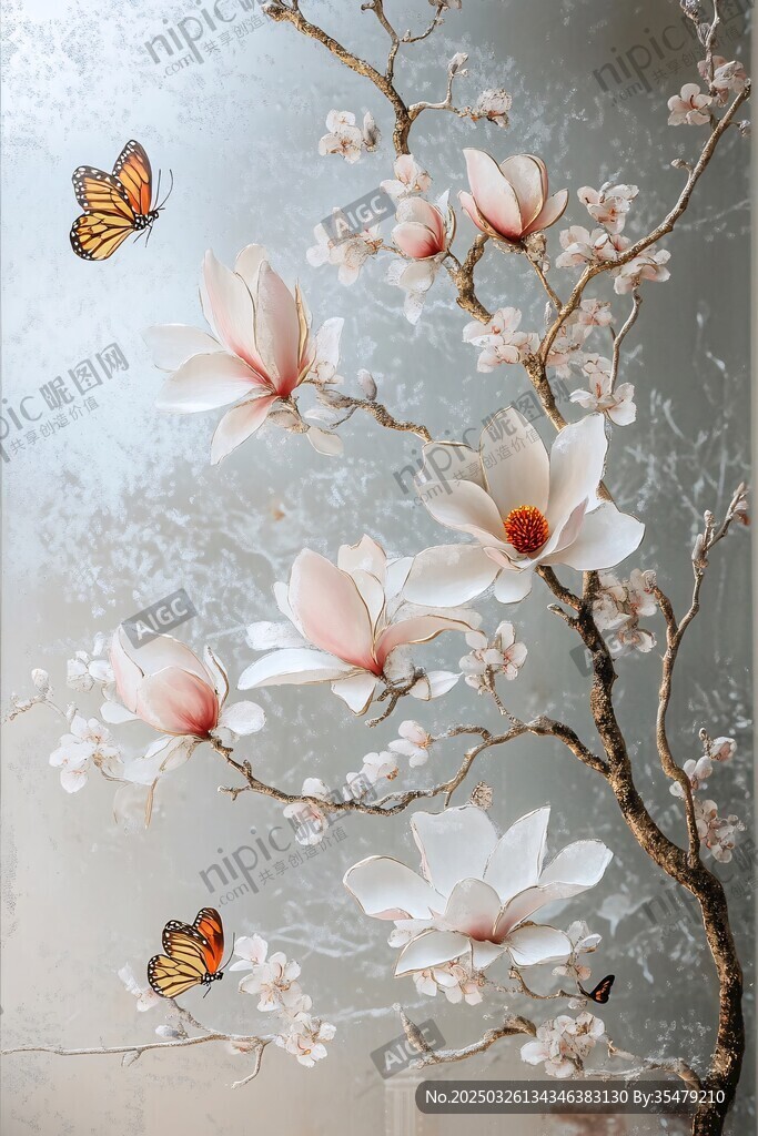 玉兰花枝间的蝶舞春光