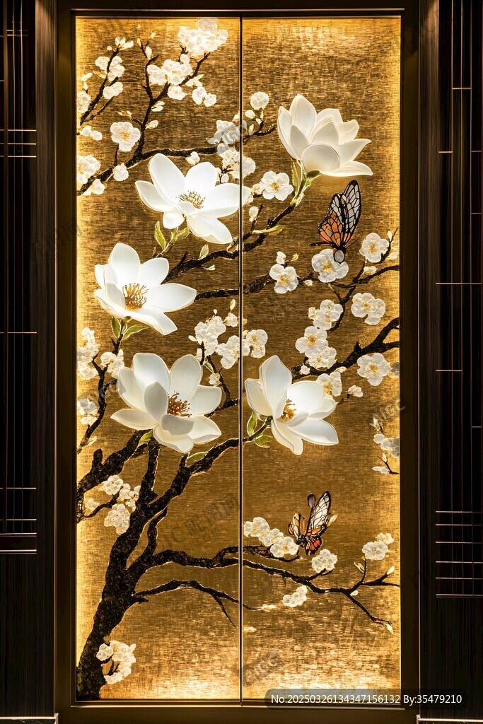 金底玉兰花蝶屏风艺术