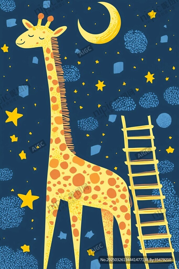 长颈鹿夜望月牙与繁星