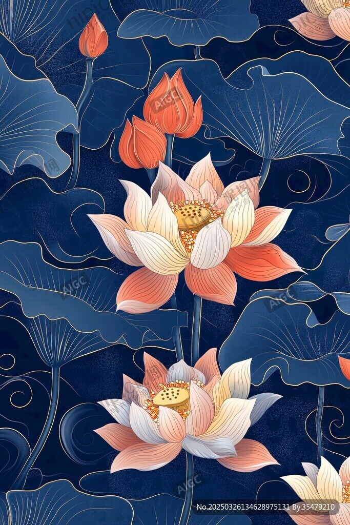 深蓝背景下的中式荷花图案