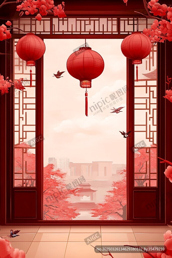 中式窗景下的红火灯笼景致