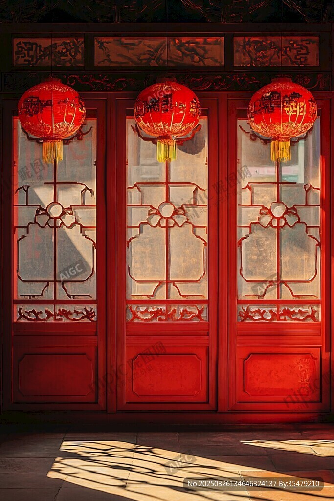 中式红门挂红灯笼美景
