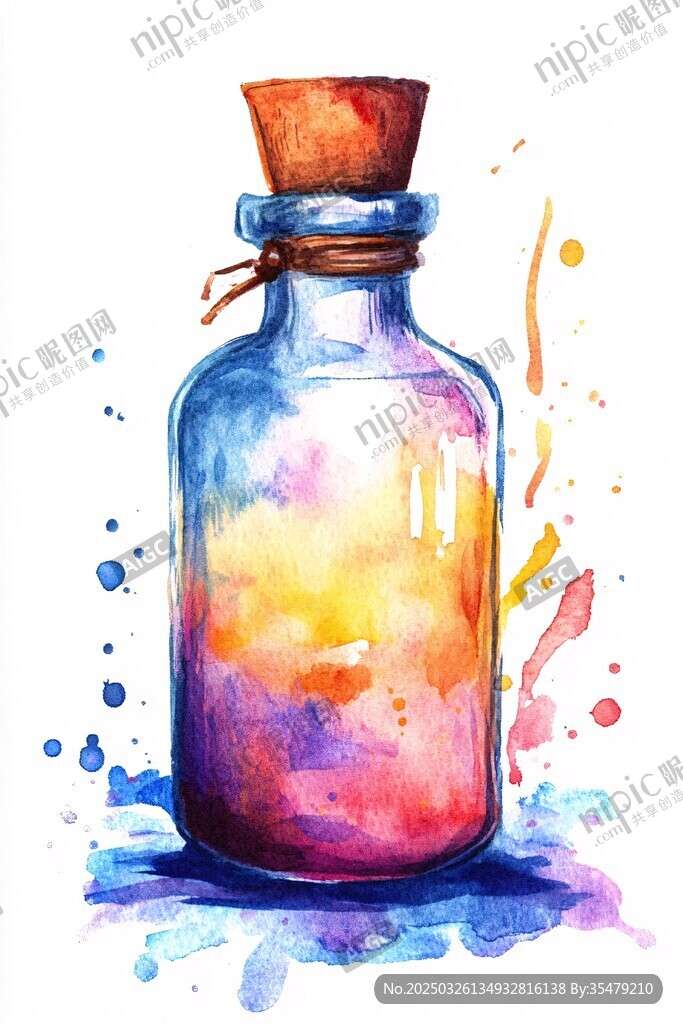 水彩绘彩色神秘小药瓶