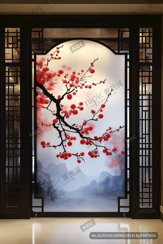 中式屏风上的红梅山水图