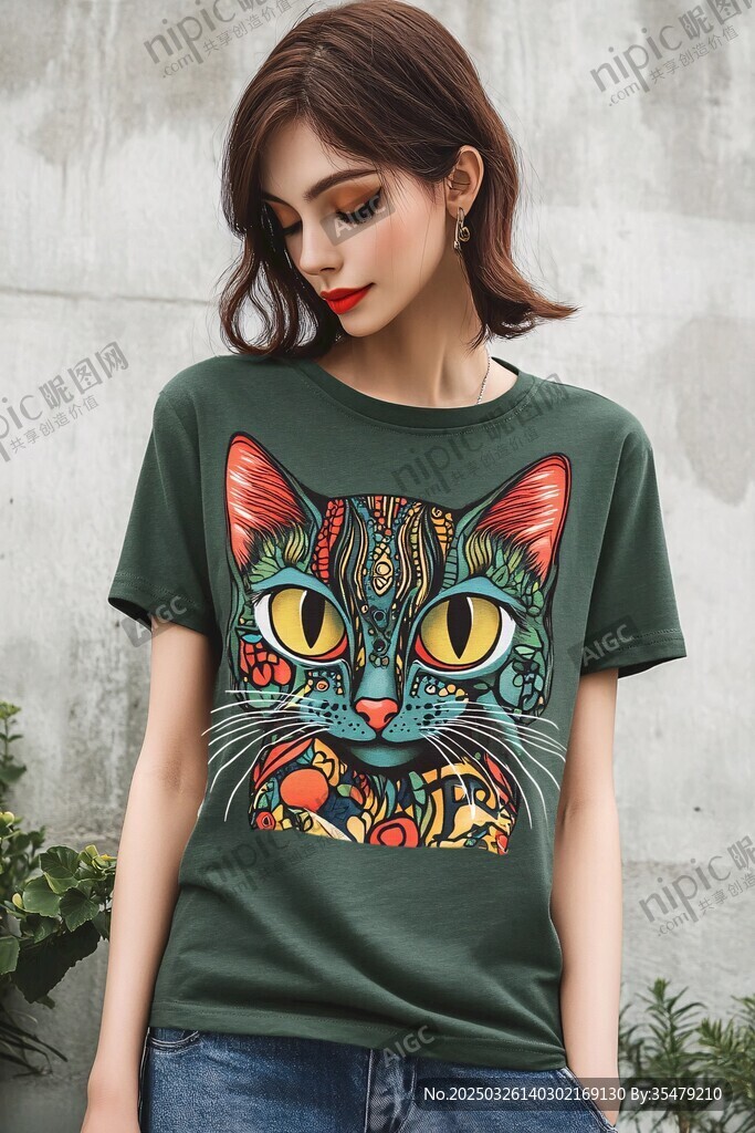 个性猫咪印花绿色女士T恤