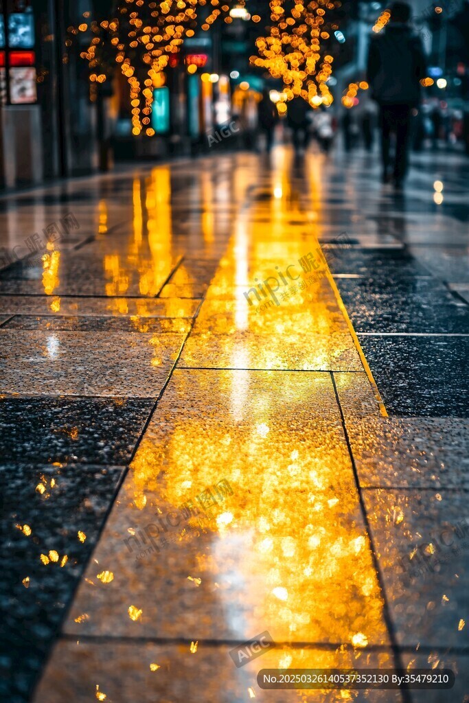 雨夜街道灯光璀璨倒影