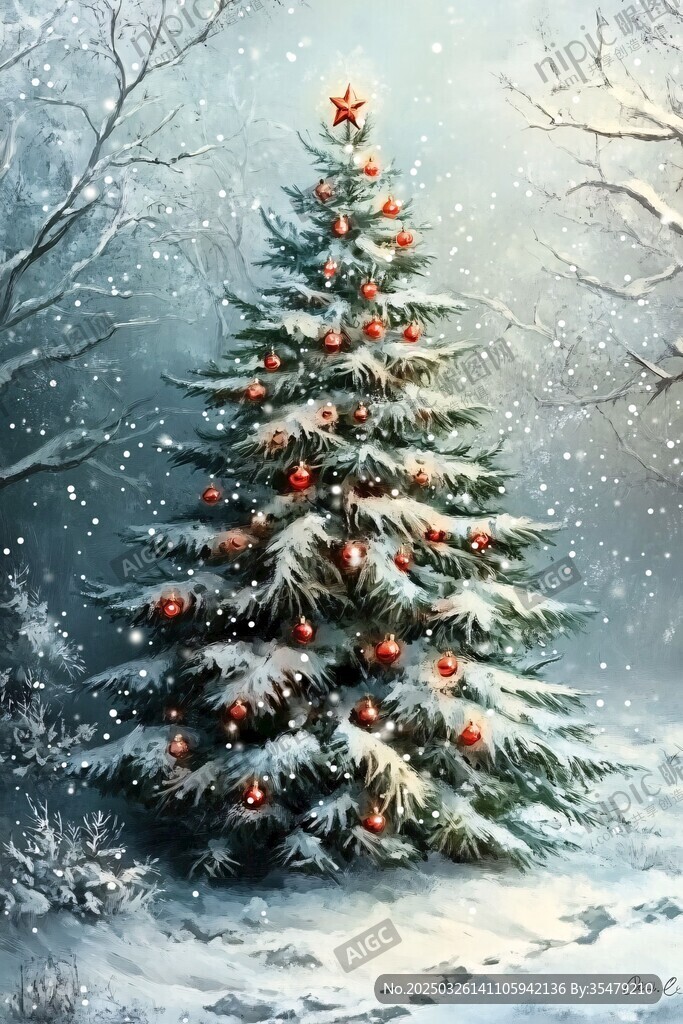 雪中圣诞树 节日梦幻氛围