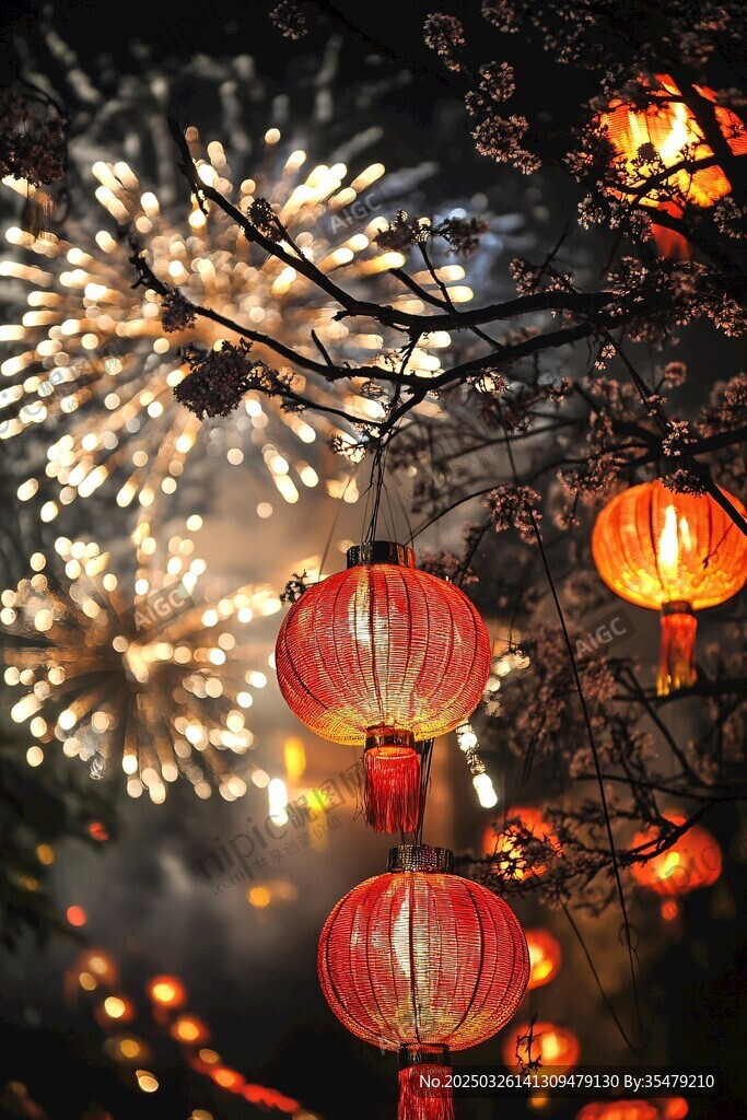 夜放烟花挂灯笼春意浓