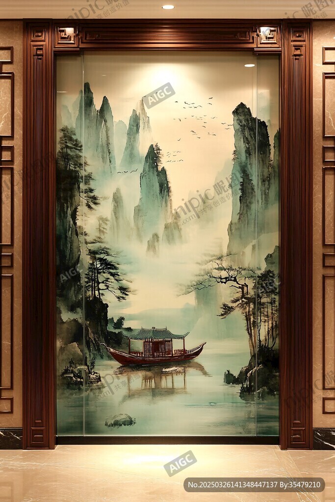 中式山水玄关壁画意境美