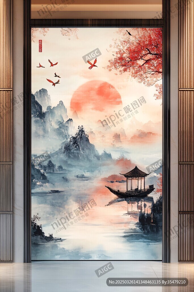 中式山水玄关画意境悠远