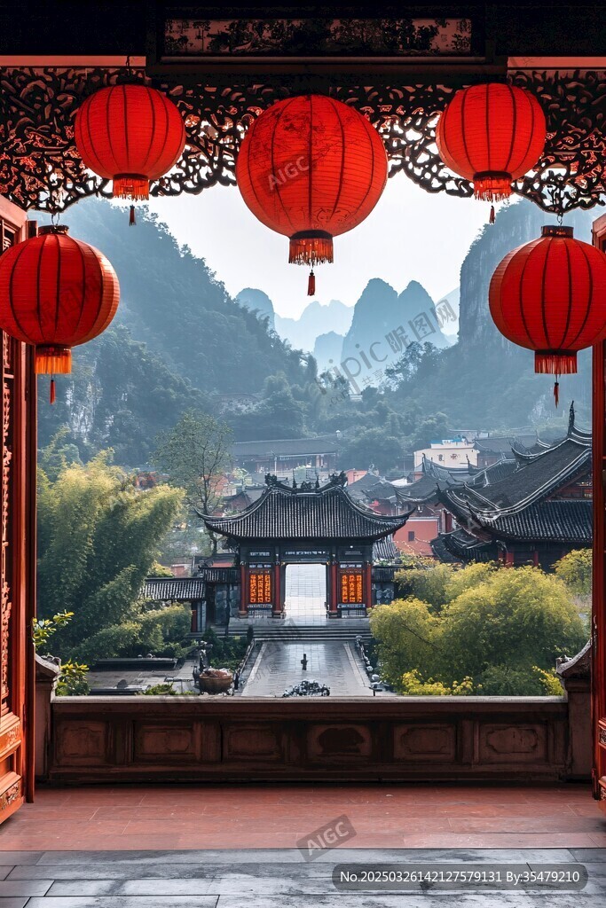 古宅红灯笼下的山水景致