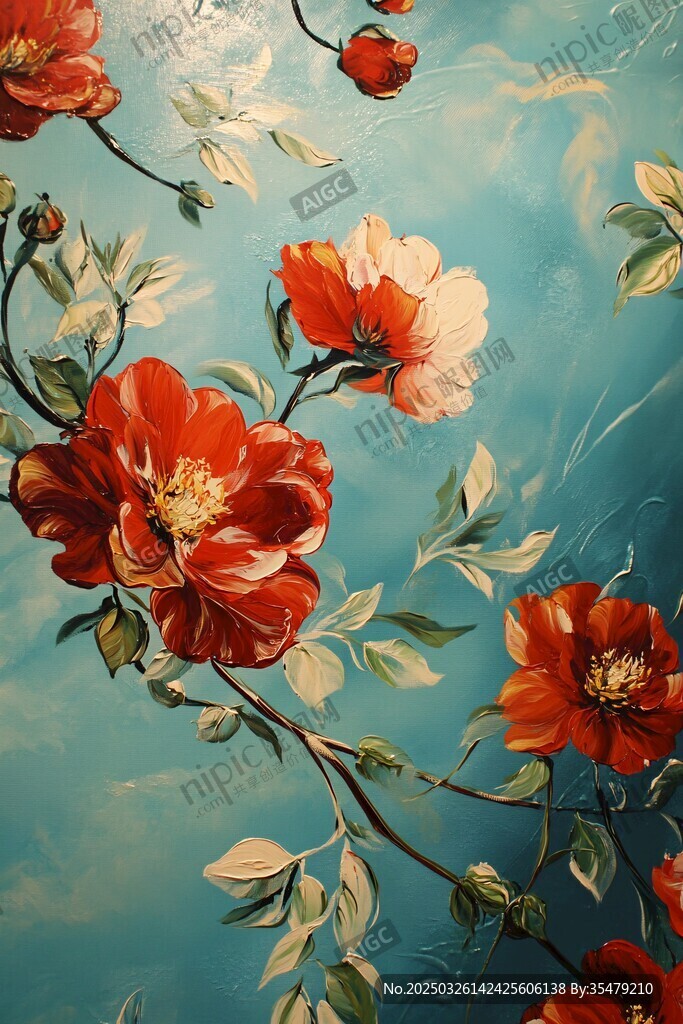 蓝底绽放的艳丽花卉油画