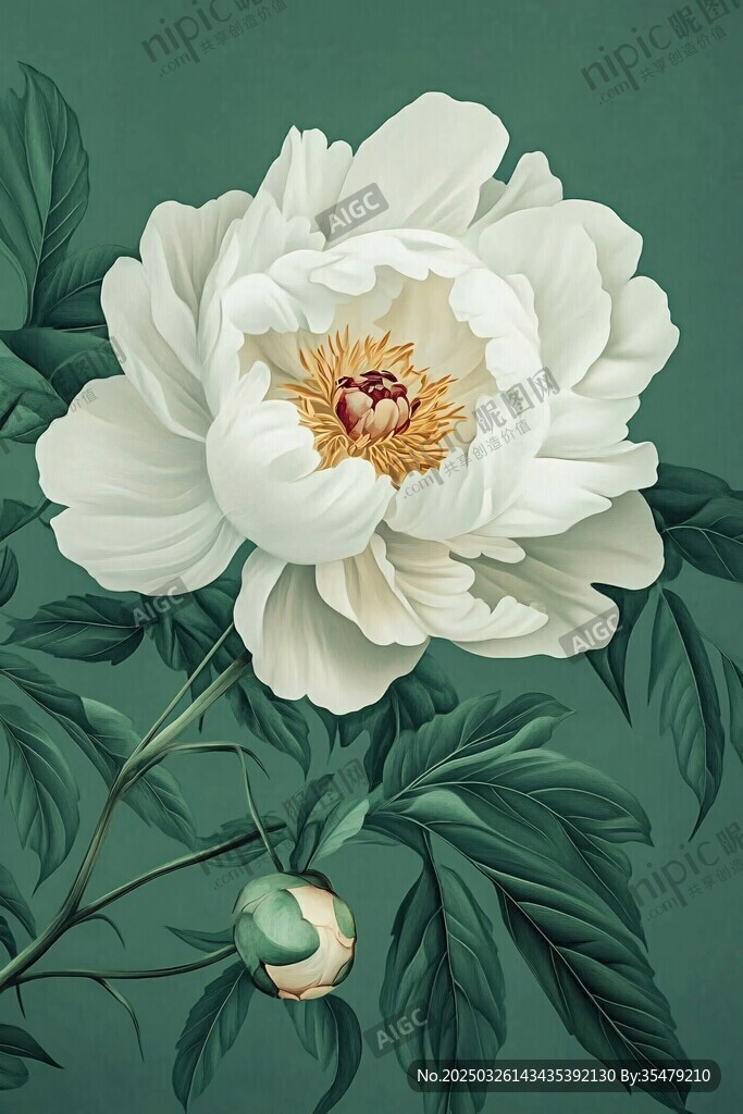 盛开的白色芍药花卉插画