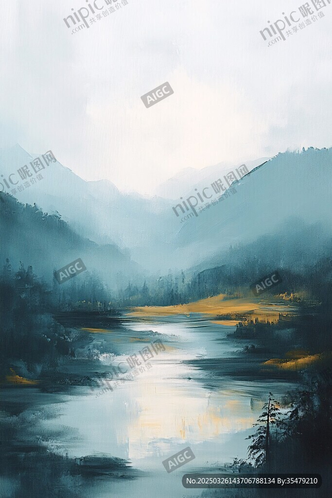 山间晨雾下的宁静河流