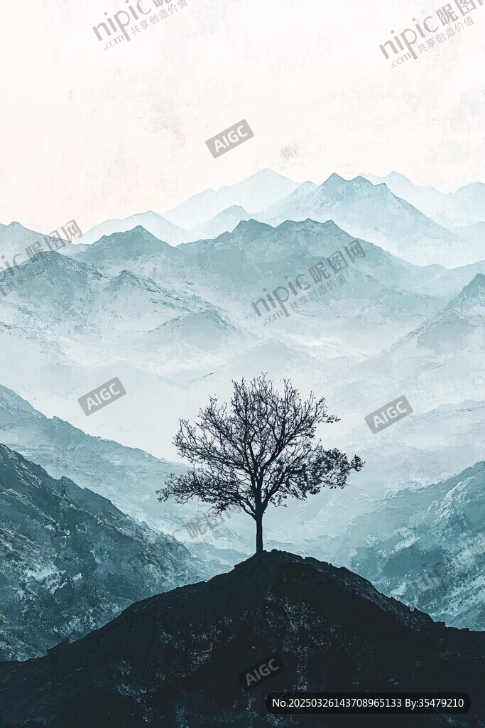 孤树傲立群山间