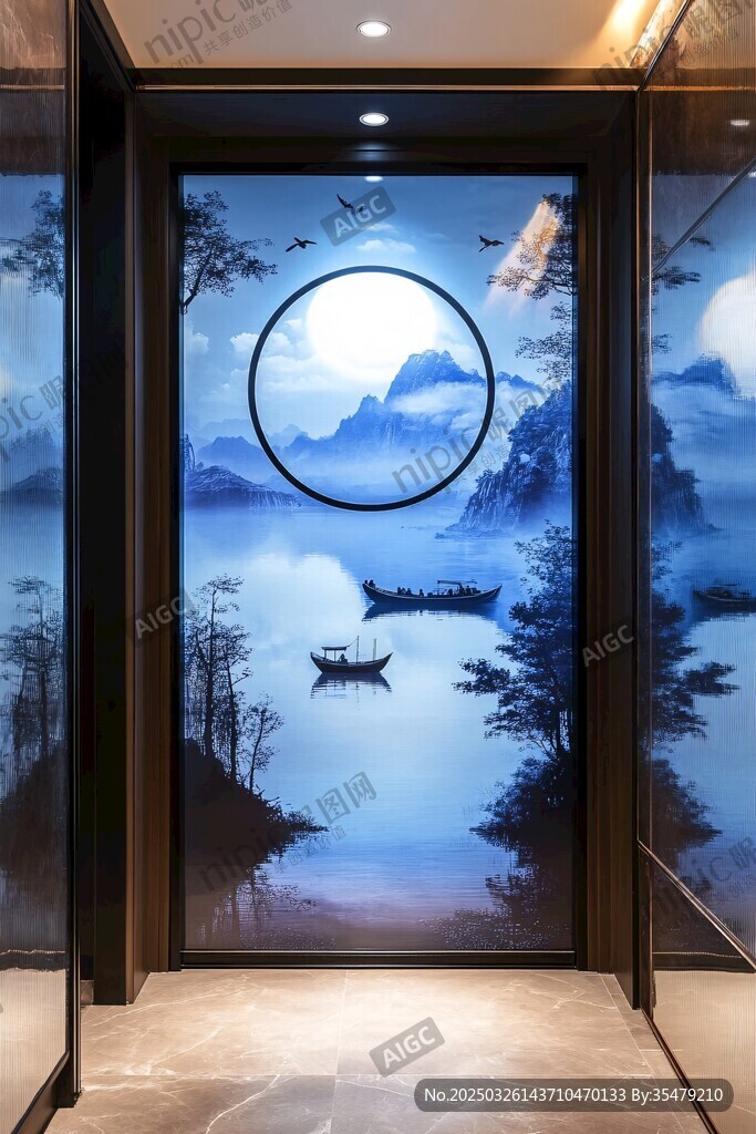 中式山水意境电梯装饰画