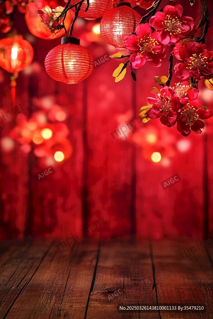 红灯笼红梅营造喜庆氛围
