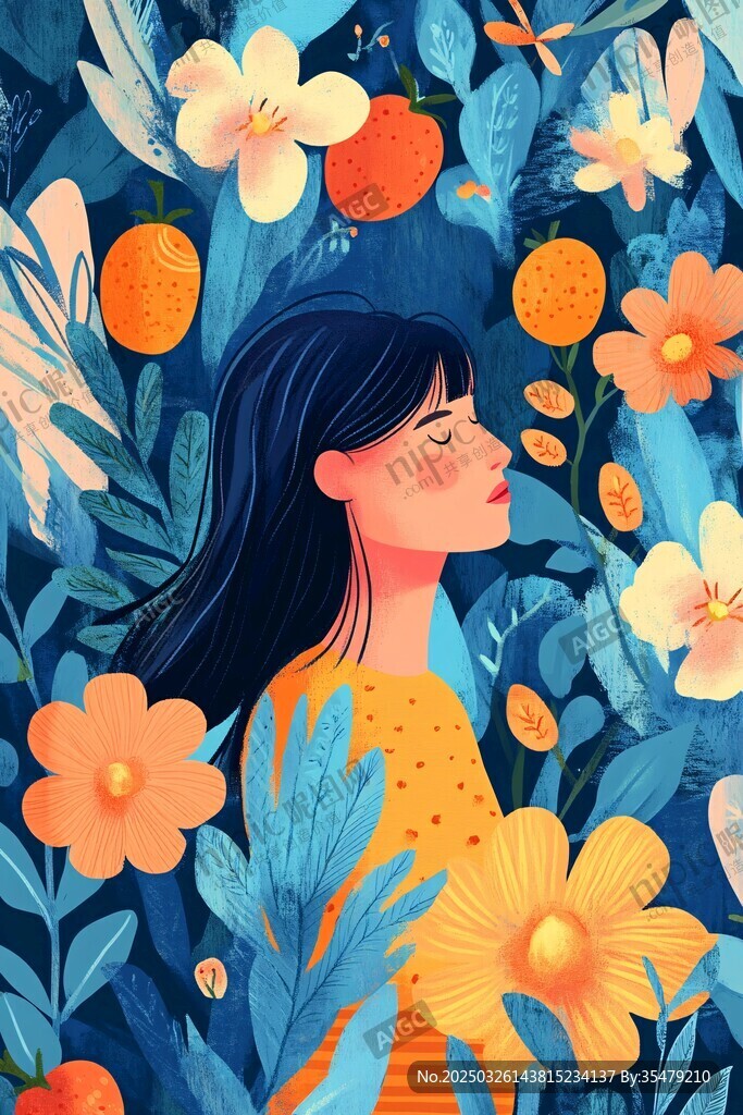 女孩沉浸于繁花绿植间